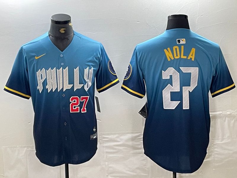 Men Philadelphia Phillies 27 Nola Blue City Edition Nike 2024 MLB Jersey style 2